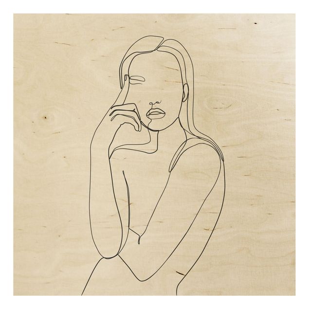 Stampa su legno - Line Art Pensieroso donna Bianco e nero - Quadrato 1:1