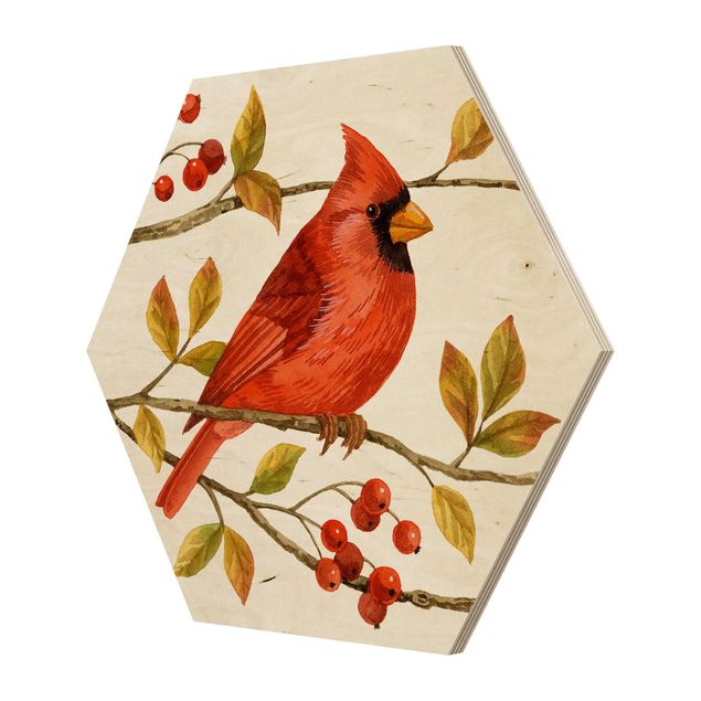 Esagono in legno - Uccelli e Bacche - Northern Cardinal