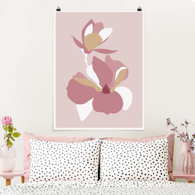 Poster - Line Art Fiori rosa pastello - Verticale 4:3