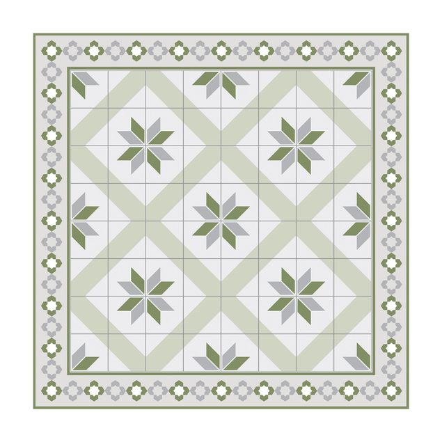 Tappeto verde Piastrelle geometriche a rombi fiore verde oliva con bordo