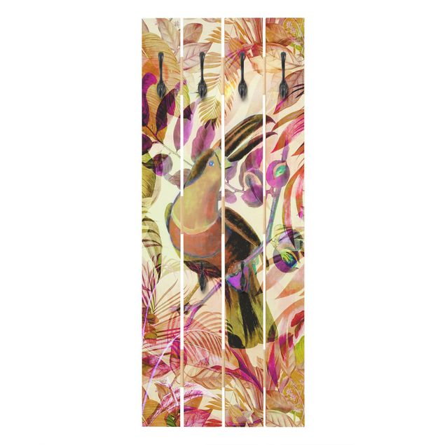 Appendiabiti in legno - Colorato collage - Tukan - Ganci cromati - Verticale
