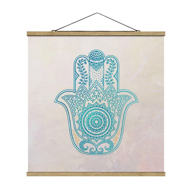 Quadro su tessuto con stecche per poster - Illustrazione Hamsa mano Mandala Oro Blu - Quadrato 1:1