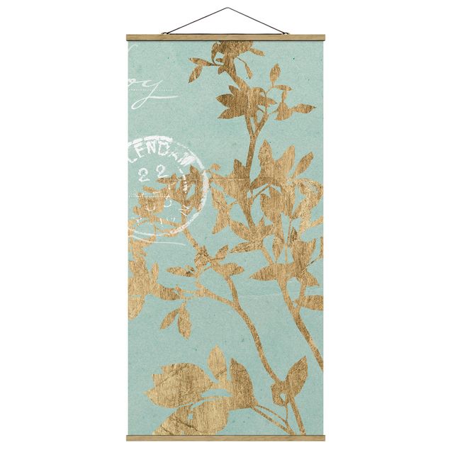 Quadro su tessuto con stecche per poster - Foglie d'oro su Turquoise II - Verticale 2:1