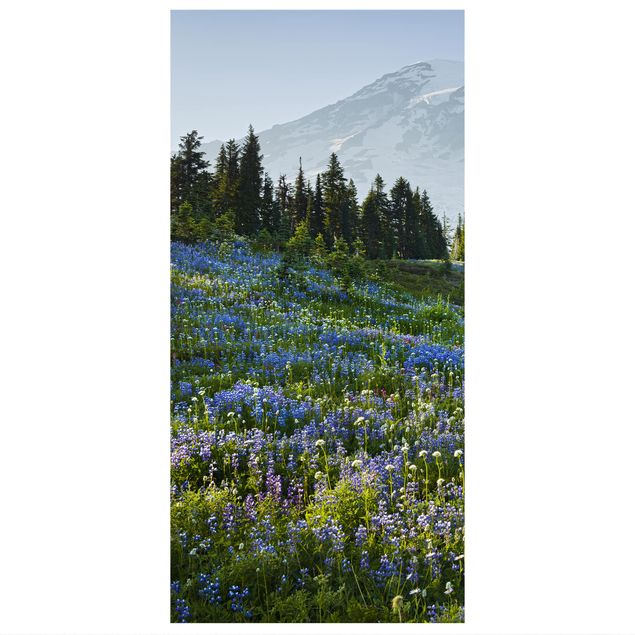 Tenda a pannello - Prato di montagna con fiori blu davanti al monte Rainier