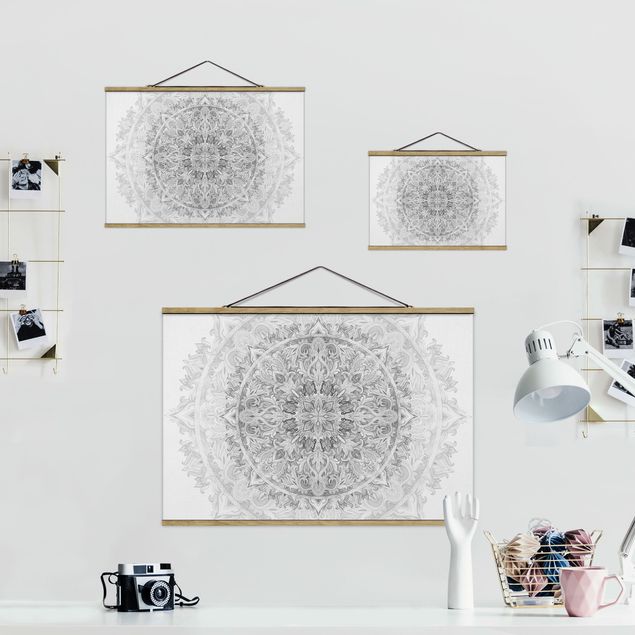 Foto su tessuto da parete con bastone - Mandala Acquerello Ornament Pattern Bianco e nero - Orizzontale 2:3