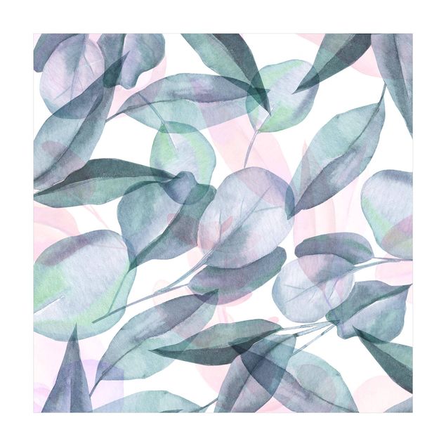 Tappeti color pastello Acquerello di foglie di eucalipto blu e rosa