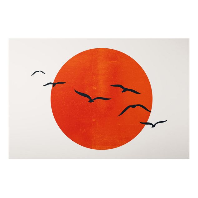 Stampa su alluminio - Stormo di uccelli davanti al sole rosso - Orizzontale 2:3