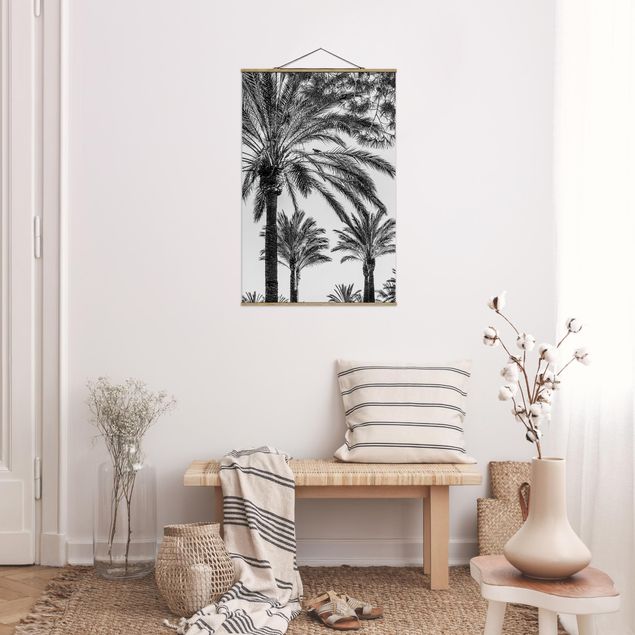 Foto su tessuto da parete con bastone - Palme Nel Tramonto Bianco e nero - Verticale 3:2