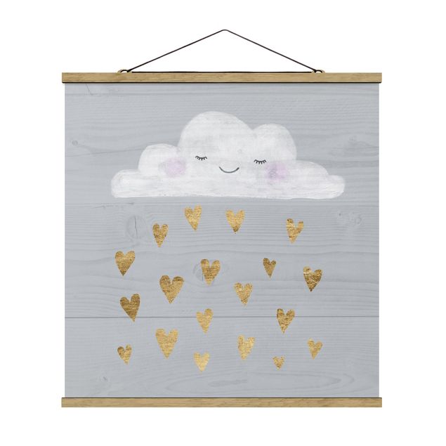 Quadro su tessuto con stecche per poster - Dorato con cuori cloud - Quadrato 1:1