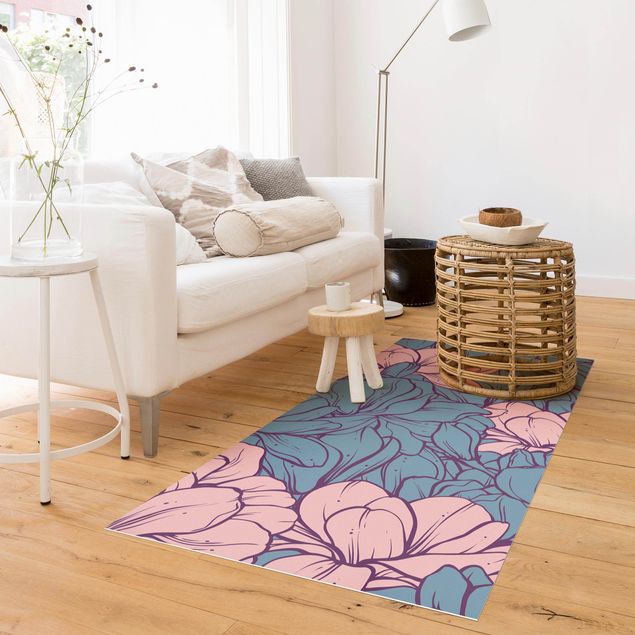 Tappeti moderni soggiorno Mare di fiori di magnolia rosa antico e petrolio