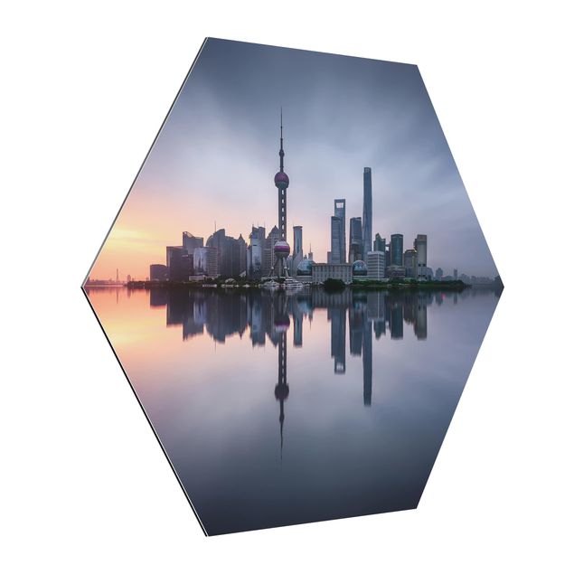 Esagono in Alluminio Dibond - Skyline di Shanghai Mattina Mood