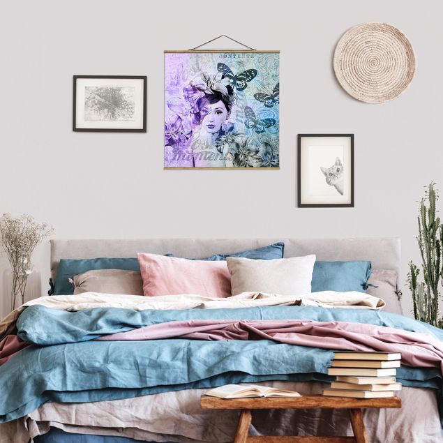 Quadro su tessuto con stecche per poster - Shabby Chic Collage - Ritratto Con Le Farfalle - Quadrato 1:1