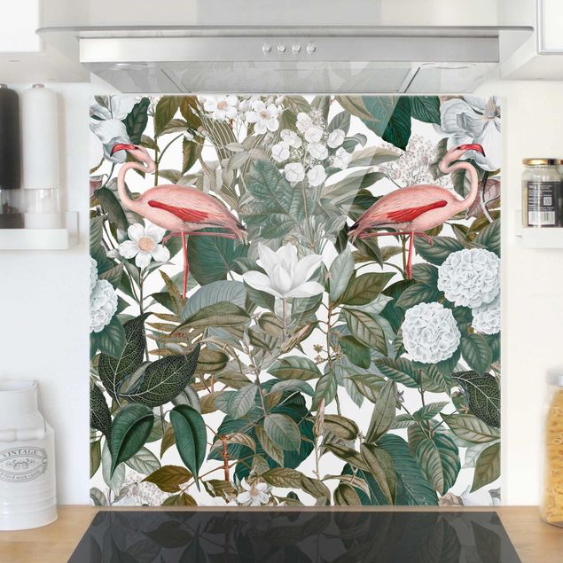 paraschizzi cucina vetro magnetico Fenicotteri rosa con foglie e fiori bianchi