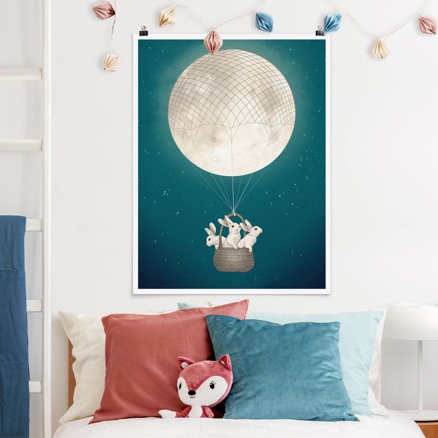 Poster - Illustrazione Hare Balloon Luna cielo stellato - Verticale 4:3