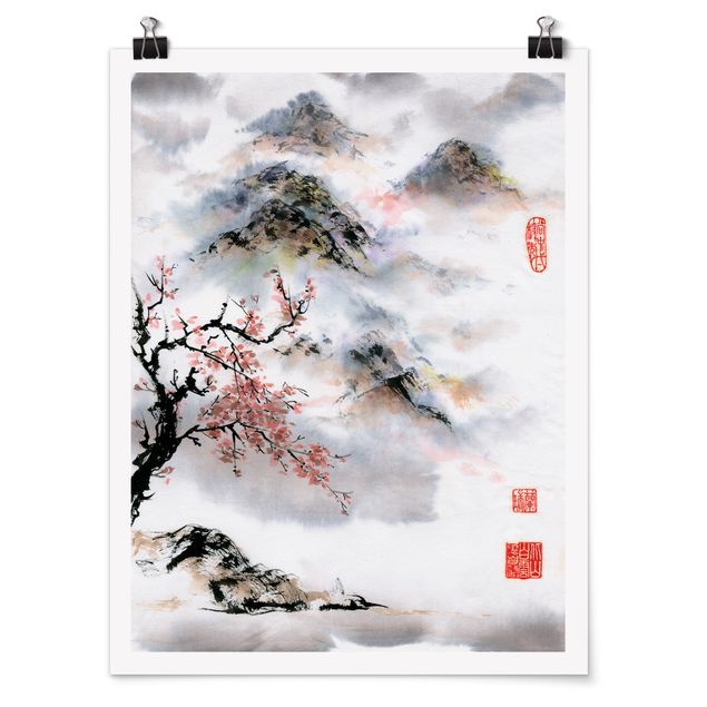 Poster - Giapponese disegno ad acquerello Ciliegio E Montagne - Verticale 4:3