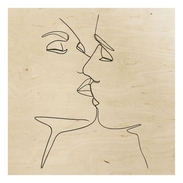 Stampa su legno - Line Art bacio Faces Bianco e nero - Quadrato 1:1