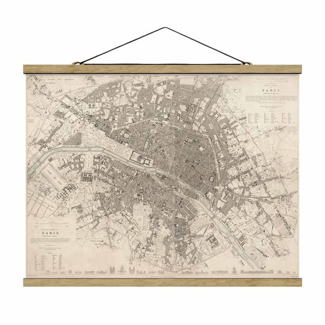Foto su tessuto da parete con bastone - Vintage mappa di Parigi - Orizzontale 3:4