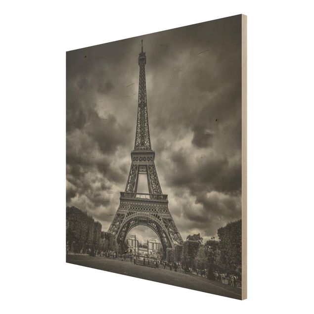 Quadro in legno - Torre Eiffel Davanti Nubi In Bianco e nero - Quadrato 1:1