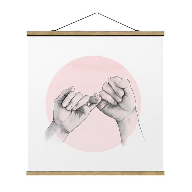 Quadro su tessuto con stecche per poster - Laura Graves - Illustrazione mani Amicizia Circle Rosa Bianco - Quadrato 1:1