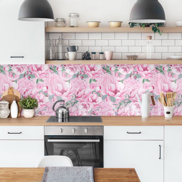 Rivestimenti cucina di plastica Sogno floreale rosato di rose in acquerello