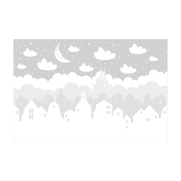 Tappeti in vinile grandi dimensioni Cielo stellato con case e luna in grigio
