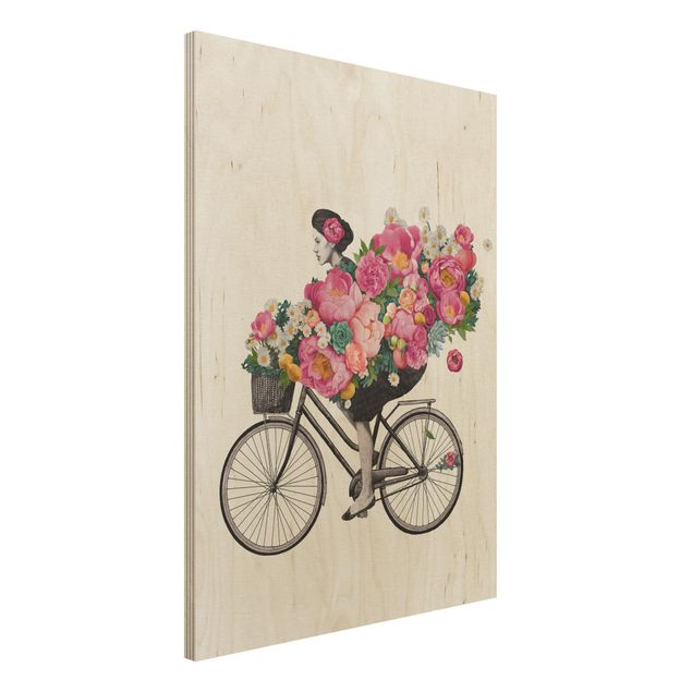 Stampa su legno - Illustrazione Donna in bicicletta Collage fiori variopinti - Verticale 4:3
