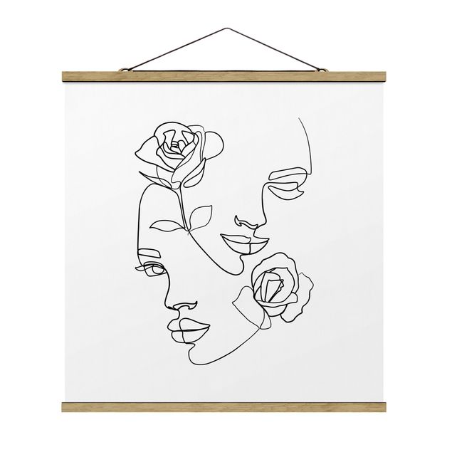 Quadro su tessuto con stecche per poster - Line Art Faces donne Roses Bianco e nero - Quadrato 1:1