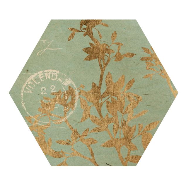 Esagono in legno - Foglie d'oro su Turquoise II