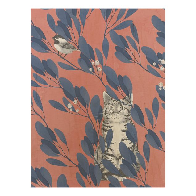 Stampa su legno - Illustrazione Gatto E uccello sul ramo Blu Rosso - Verticale 4:3