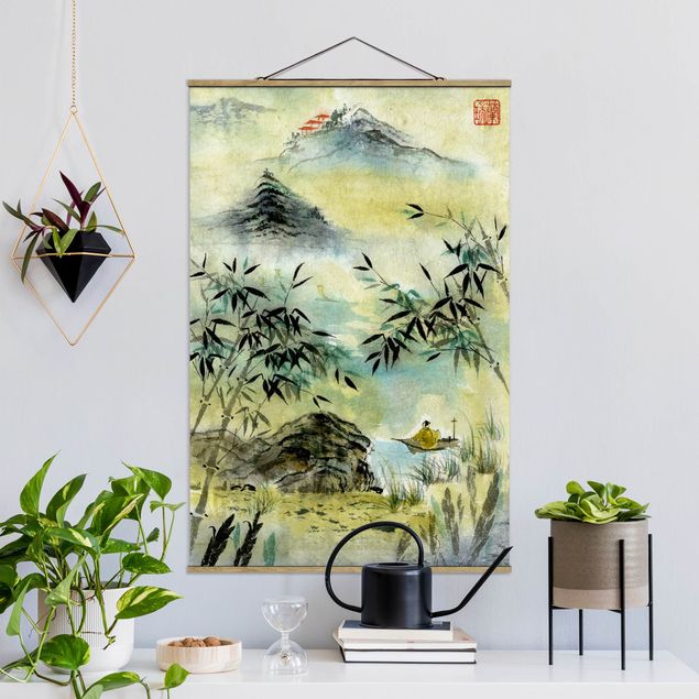 Foto su tessuto da parete con bastone - Giapponese disegno ad acquerello Bamboo Forest - Verticale 3:2
