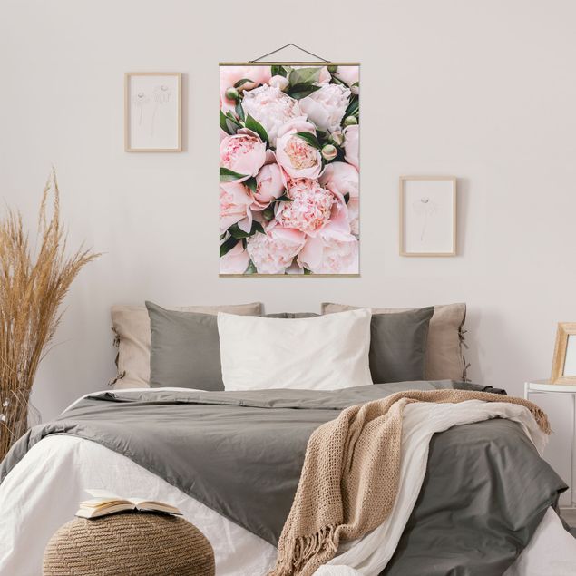 Foto su tessuto da parete con bastone - Peonie rosa con foglie - Verticale 3:2