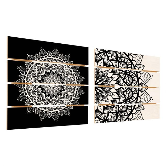 Quadro in legno effetto pallet - Mandala Illustrazione Shabby Set Nero Bianco - Quadrato 1:1