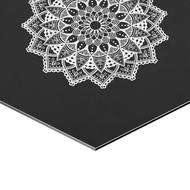 Esagono in Alluminio Dibond - Mandala mano di Hamsa Lotus Set To Black