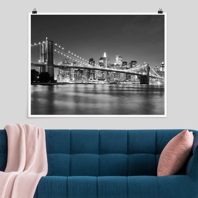 Poster bianco e nero formato orizzontale Ponte di Manhattan di notte II