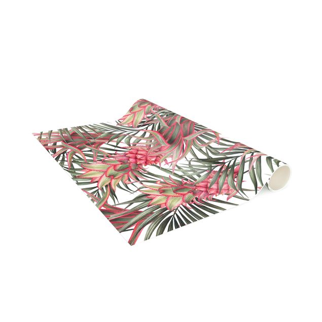 Tappeti floreali moderni Ananas rosso con foglie di palma tropicale