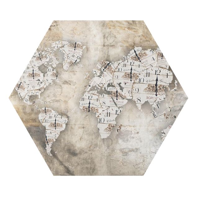 Esagono in Alluminio Dibond - Shabby Orologi Mappa del mondo