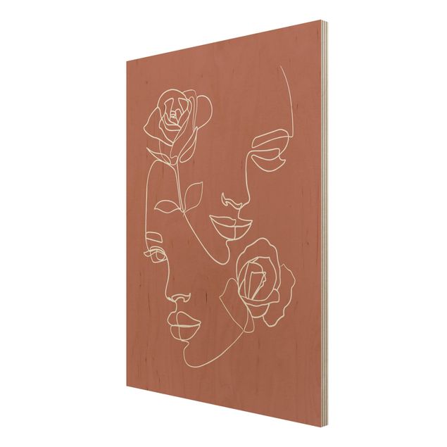 Stampa su legno - Line Art Faces donne Roses rame - Verticale 4:3