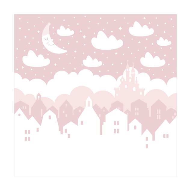 Tappeti bagno grandi Cielo stellato con case e luna in rosa