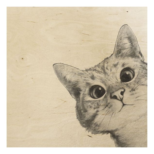 Stampa su legno - Illustrazione Cat Disegno Nero Bianco - Quadrato 1:1