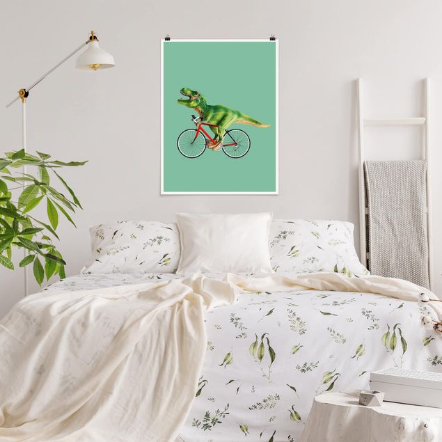 Poster cameretta bambini verde Dinosauro con bicicletta