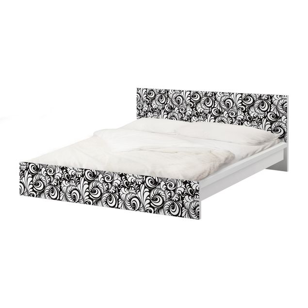 Carta adesiva per mobili IKEA - Malm Letto basso 160x200cm Black and White Leaves Pattern