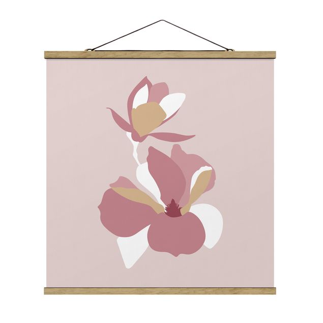 Quadro su tessuto con stecche per poster - Line Art Fiori rosa pastello - Quadrato 1:1