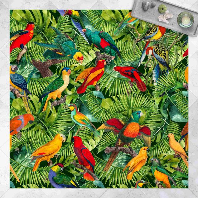 Tappeto per balcone Collage colorato - Pappagalli nella giungla