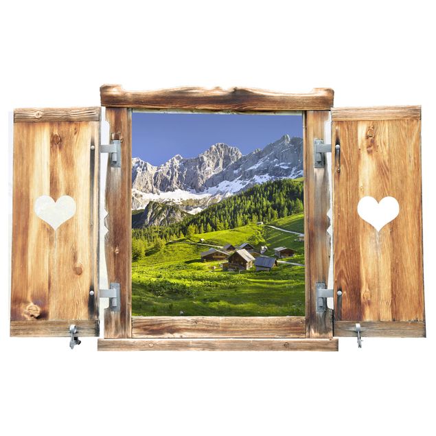 Trompe l'oeil adesivi murali - Finestra tirolese su campo alpino