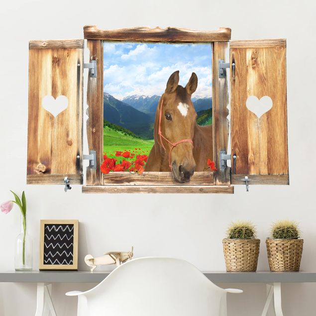 Trompe l'oeil adesivi murali - Finestra con cavallo su paesaggio alpino