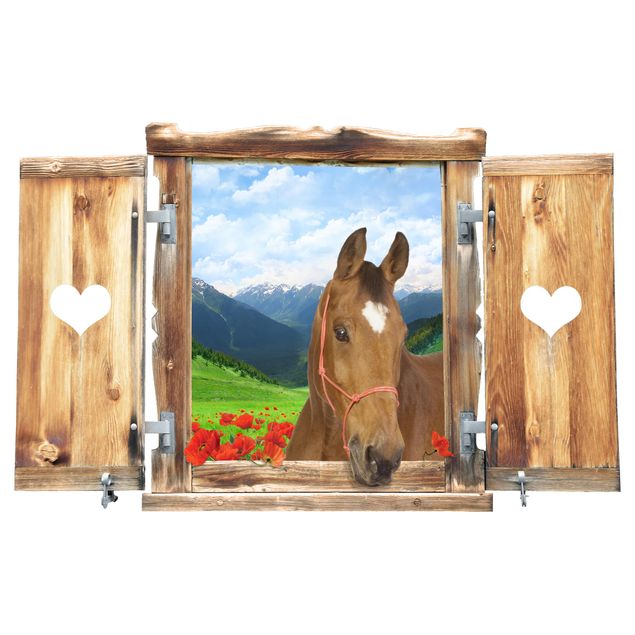 Trompe l'oeil adesivi murali - Finestra con cavallo su paesaggio alpino