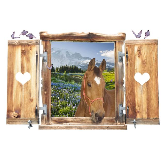 Trompe l'oeil adesivi murali - Finestra con cavallo su campo fiorito