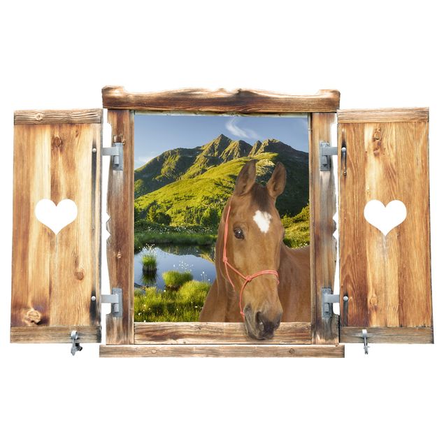 Trompe l'oeil adesivi murali - Finestra con cavallo su lago