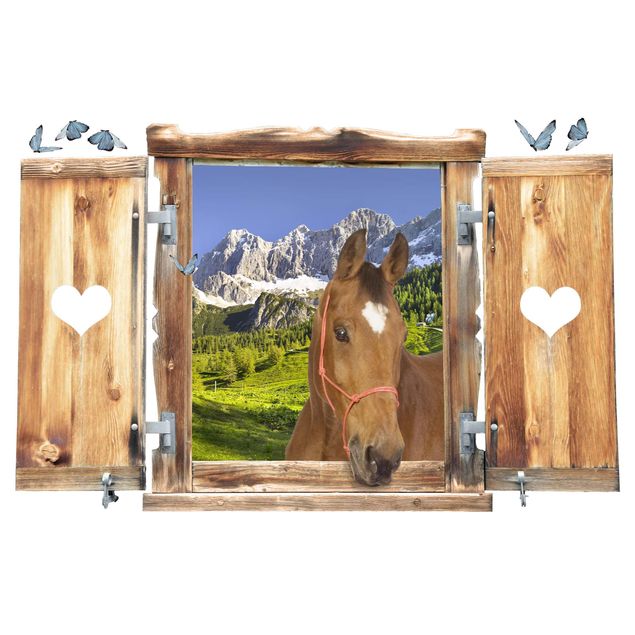 Trompe l'oeil adesivi murali - Finestra con cavallo su campo alpino