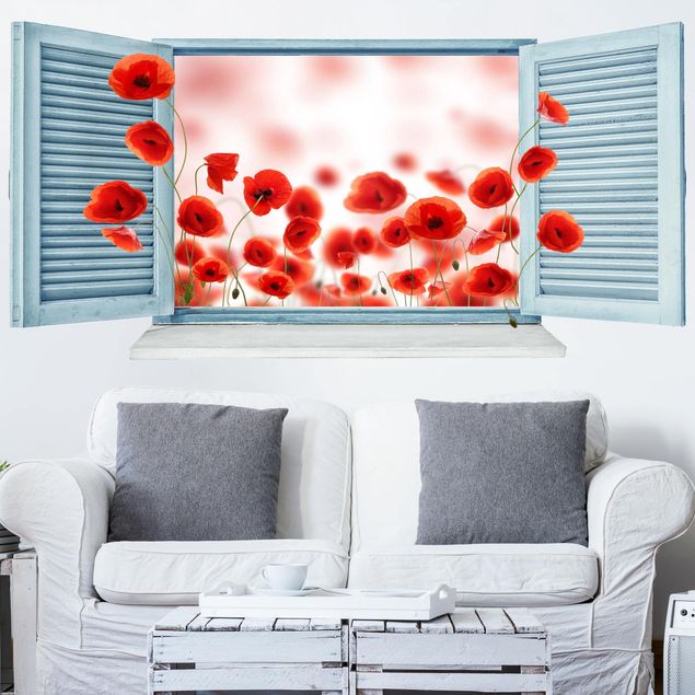 Adesivo murale 3D - Poppy Field Window - orizzontale 2:1
